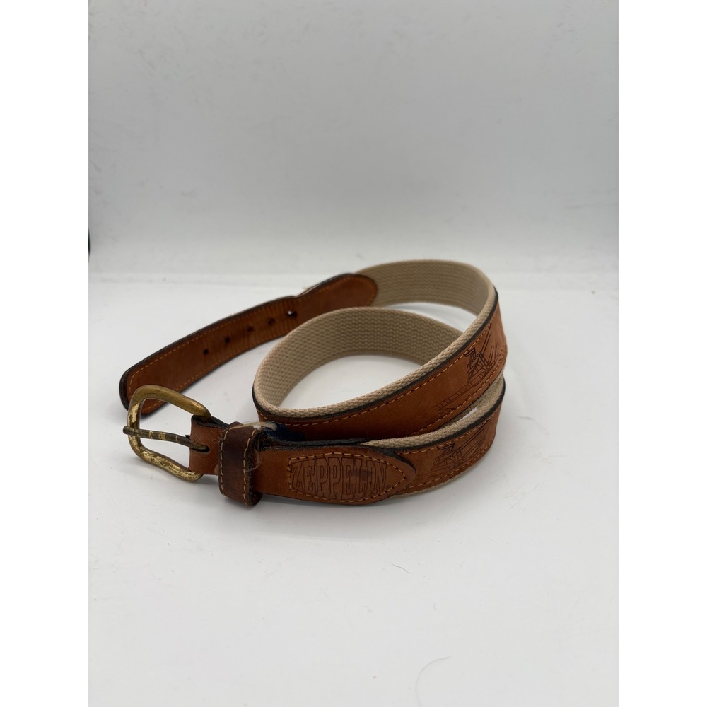 Vintage Zeppelin Leather Canvas Belt Mens 34 Brown Tan Airship Embossed USA Made